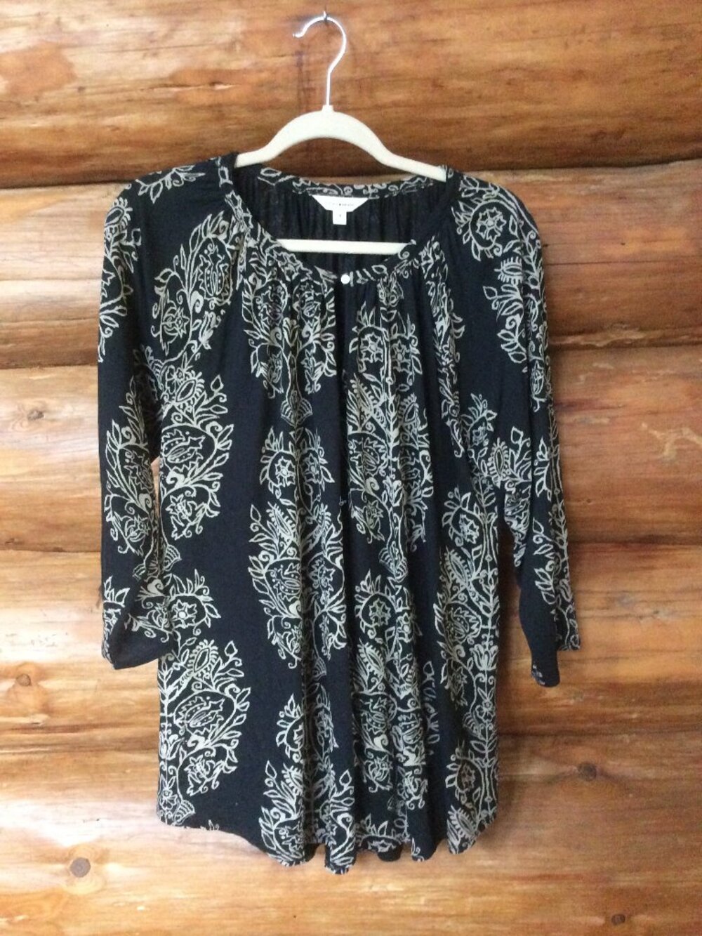 Lucky Brand Black Tan Damask Floral Peasant 3/4 Sleeve Casual Boho Top Size 1X